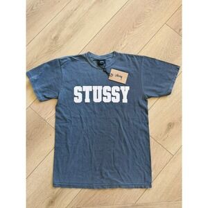 Stussy Women Small Charcoal Gray Block Logo Graphic Short Sleeve Cotton T-Shirt
